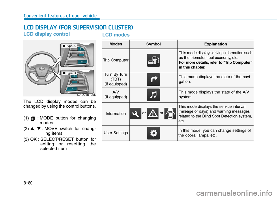 Hyundai Elantra 2017  Owners Manual - RHD (UK. Australia) 3-80
Convenient features of your vehicle
LCD display control
The  LCD  display  modes  can  be
changed by using the control buttons.
(1)  : MODE  button  for  changing
modes
(2) ▲, ▼:MOVE switch f