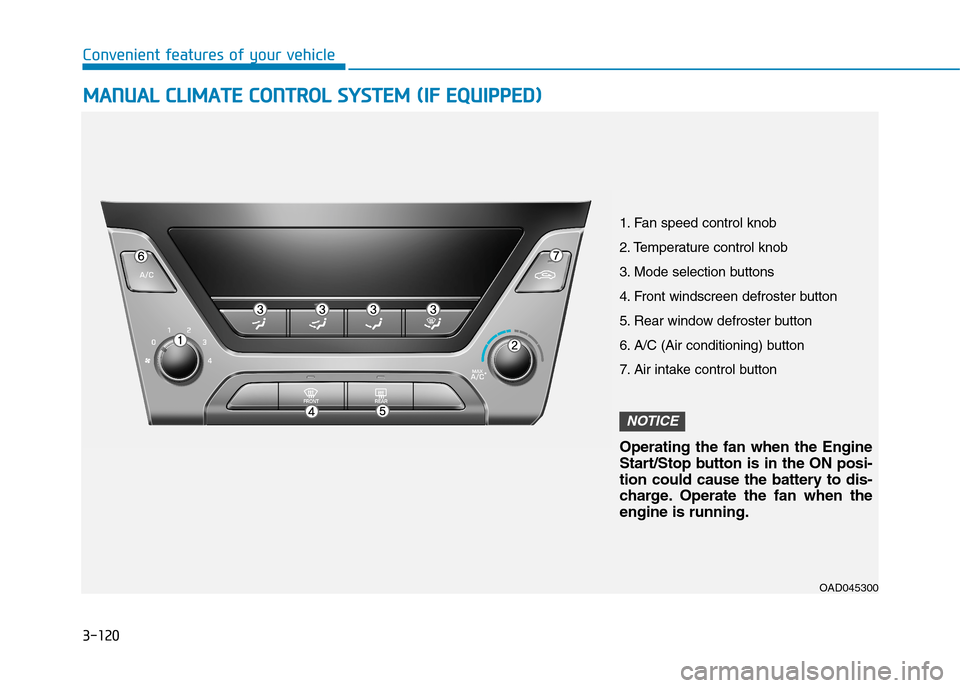 Hyundai Elantra 2017  Owners Manual - RHD (UK. Australia) 3-120
Convenient features of your vehicle
MMAANNUUAALL  CCLLIIMMAATTEE  CCOONNTTRROOLL  SSYYSSTTEEMM  ((IIFF  EEQQUUIIPPPPEEDD))
OAD045300
1. Fan speed control knob
2. Temperature control knob
3. Mode