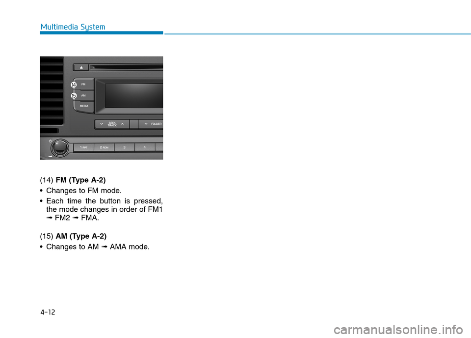 Hyundai Elantra 2017  Owners Manual - RHD (UK. Australia) 4-12
Multimedia System
(14) FM (Type A-2)
•Changes to FM mode.
•Each time the buttonis pressed,
the mode changes in order of FM1
➟ FM2 ➟ FMA.
(15) AM (Type A-2)
•Changes to AM ➟ AMA mode. 