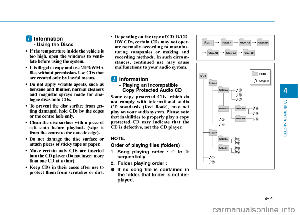 Hyundai Elantra 2017 Owners Manual - RHD (UK. Australia) 4-21
Multimedia System
4
Information
- Using the Discs
•If the temperature inside the vehicle is
too high, open the windows to venti-
late before using the system.
•It is illegal to copy and Hyundai Elantra 2017 Owners Manual - RHD (UK. Australia) 4-21
Multimedia System
4
Information
- Using the Discs
•If the temperature inside the vehicle is
too high, open the windows to venti-
late before using the system.
•It is illegal to copy and