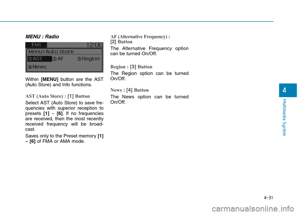 Hyundai Elantra 2017  Owners Manual - RHD (UK. Australia) 4-31
Multimedia System
4
MENU : Radio
Within [MENU] button are  the  AST
(Auto Store) and Info functions.
AST (Auto Store) : [1]Button
Select  AST  (Auto  Store)  to  save  fre-
quencies  with  superi