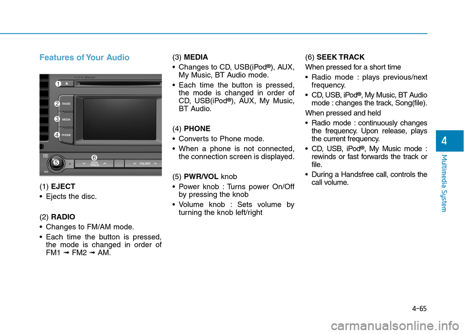 Hyundai Elantra 2017  Owners Manual - RHD (UK. Australia) 4-65
Multimedia System
4
Features of Your Audio
(1) EJECT
•Ejects the disc.
(2) RADIO
•Changes to FM/AM mode.
•Each time the button is pressed,
the  mode  is  changed  in  order  of
FM1 ➟FM2 