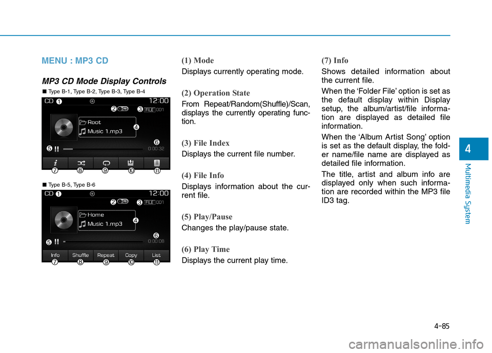 Hyundai Elantra 2017  Owners Manual - RHD (UK. Australia) 4-85
Multimedia System
4
MENU : MP3 CD
MP3 CD Mode Display Controls
(1) Mode
Displays currently operating mode.
(2) Operation State
From  Repeat/Random(Shuffle)/Scan,
displays  the  currently  operati