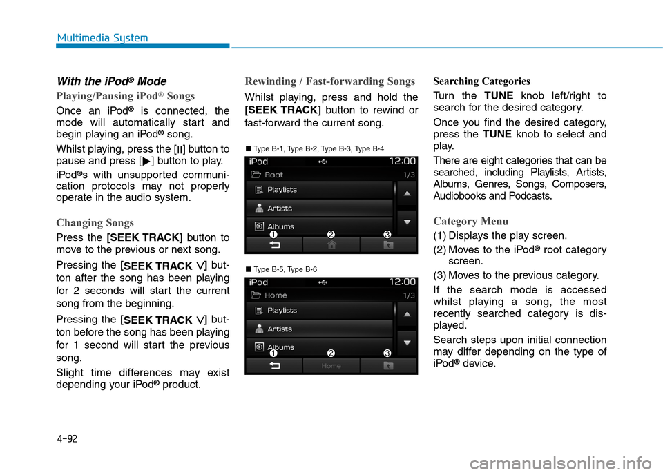 Hyundai Elantra 2017  Owners Manual - RHD (UK. Australia) 4-92
Multimedia System
With the iPod®Mode
Playing/Pausing iPod®Songs
Once  an  iPod®is  connected,  the
mode  will  automatically  start  and
begin playing an iPod®song.
Whilst playing, press the 