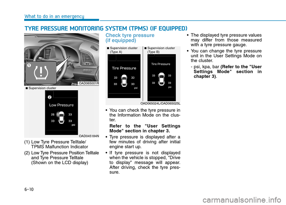 Hyundai Elantra 2017 Owners Manual - RHD (UK. Australia) 6-10
(1) Low Tyre Pressure Telltale/
TPMS Malfunction Indicator
(2) Low Tyre Pressure Position Telltale
and Tyre Pressure Telltale
(Shown on the LCD display)
Check tyre pressure
(if equipped)
•You Hyundai Elantra 2017 Owners Manual - RHD (UK. Australia) 6-10
(1) Low Tyre Pressure Telltale/
TPMS Malfunction Indicator
(2) Low Tyre Pressure Position Telltale
and Tyre Pressure Telltale
(Shown on the LCD display)
Check tyre pressure
(if equipped)
•You