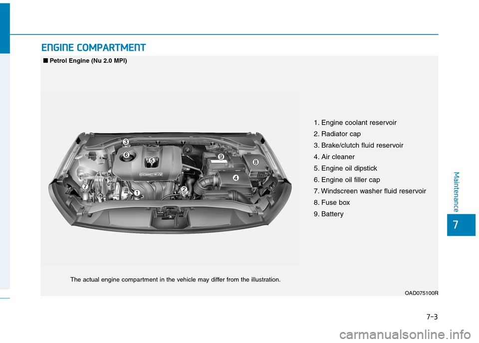 Hyundai Elantra 2017 Owners Manual - RHD (UK. Australia) 7-3
7
Maintenance
EENNGGIINNEE CCOOMMPPAARRTTMMEENNTT
OAD075100R
■■Petrol Engine (Nu 2.0 MPI)
The actual engine compartment in the vehicle may differ from the illustration.
1. Engine coolan Hyundai Elantra 2017 Owners Manual - RHD (UK. Australia) 7-3
7
Maintenance
EENNGGIINNEE CCOOMMPPAARRTTMMEENNTT
OAD075100R
■■Petrol Engine (Nu 2.0 MPI)
The actual engine compartment in the vehicle may differ from the illustration.
1. Engine coolan