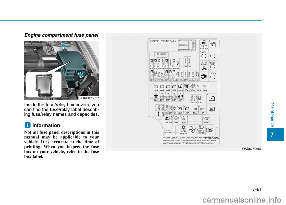 Hyundai Elantra 2017 Owners Manual - RHD (UK. Australia) 7-61
7
Maintenance
Engine compartment fuse panel
Inside the fuse/relay box covers, you
can find the fuse/relay label describ-
ing fuse/relay names and capacities.
Information
Not all fuse pan Hyundai Elantra 2017 Owners Manual - RHD (UK. Australia) 7-61
7
Maintenance
Engine compartment fuse panel
Inside the fuse/relay box covers, you
can find the fuse/relay label describ-
ing fuse/relay names and capacities.
Information
Not all fuse pan