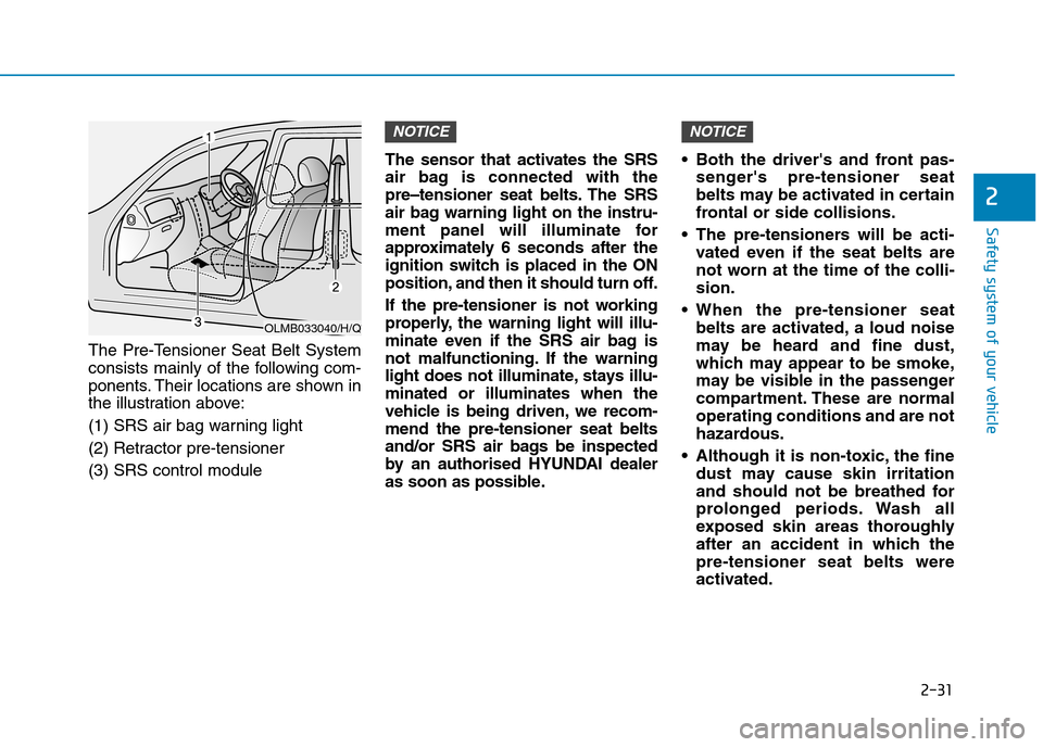 Hyundai Elantra 2017  Owners Manual - RHD (UK. Australia) 2-31
Safety system of your vehicle
2
The  Pre-Tensioner  Seat  Belt  System
consists  mainly  of  the  following  com-
ponents. Their locations are shown in
the illustration above:
(1) SRS air bag war