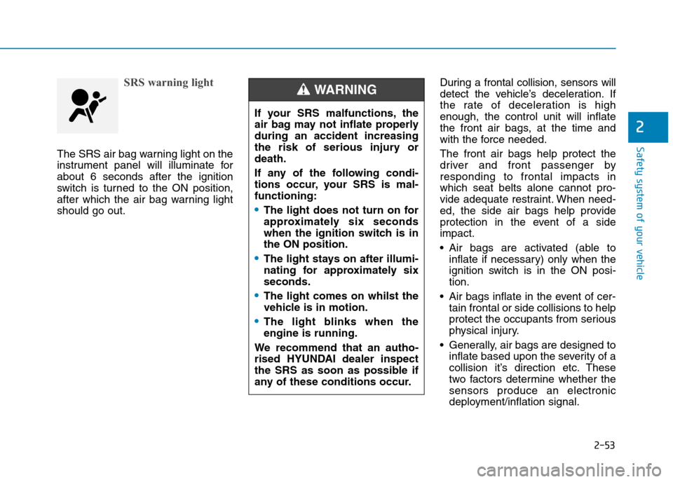 Hyundai Elantra 2017 - RHD (UK. Australia) Manual PDF 2-53
Safety system of your vehicle
2
SRS warning light
The SRS air bag warning light on the
instrument panel will illuminate for
about 6 seconds after the ignition
switch is tur ned to th Hyundai Elantra 2017 - RHD (UK. Australia) Manual PDF 2-53
Safety system of your vehicle
2
SRS warning light
The SRS air bag warning light on the
instrument panel will illuminate for
about 6 seconds after the ignition
switch is tur ned to th