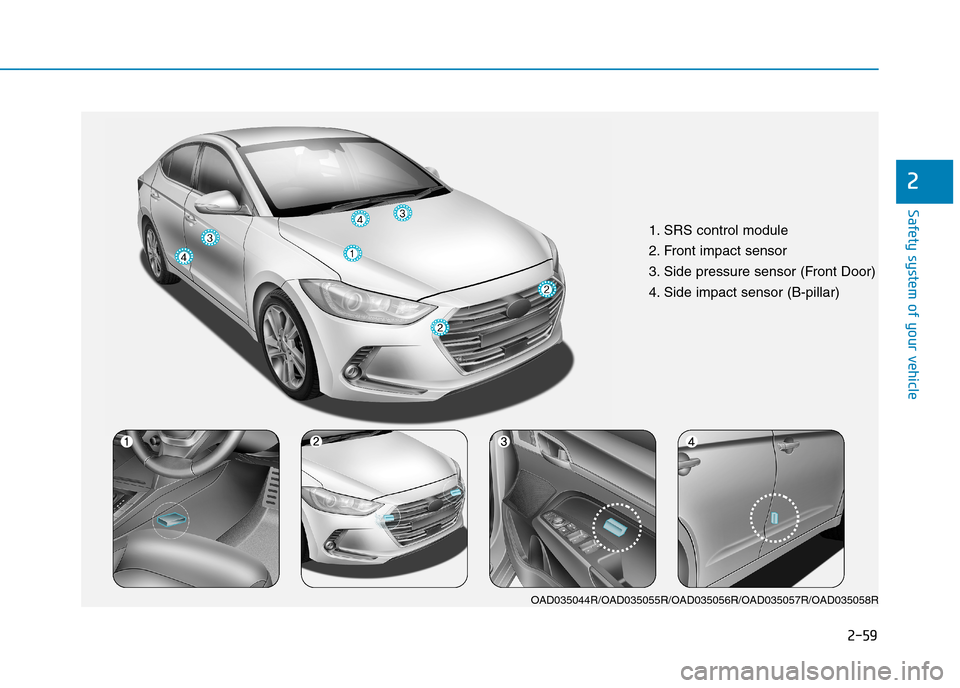 Hyundai Elantra 2017 - RHD (UK. Australia) Manual Online 2-59
Safety system of your vehicle
2
1. SRS control module
2. Front impact sensor
3. Side pressure sensor (Front Door)
4. Side impact sensor (B-pillar)
OAD035044R/OAD035055R/OAD035056R/OAD035057R/OAD0 Hyundai Elantra 2017 - RHD (UK. Australia) Manual Online 2-59
Safety system of your vehicle
2
1. SRS control module
2. Front impact sensor
3. Side pressure sensor (Front Door)
4. Side impact sensor (B-pillar)
OAD035044R/OAD035055R/OAD035056R/OAD035057R/OAD0