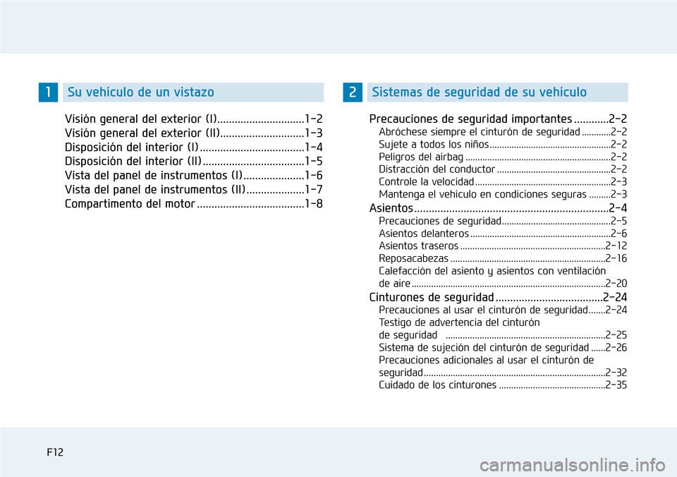 Hyundai Elantra 2017  Manual del propietario (in Spanish) F12
Visión general del exterior (I)..............................1-2
Visión general del exterior (II).............................1-3
Disposición del interior (I) ..................................