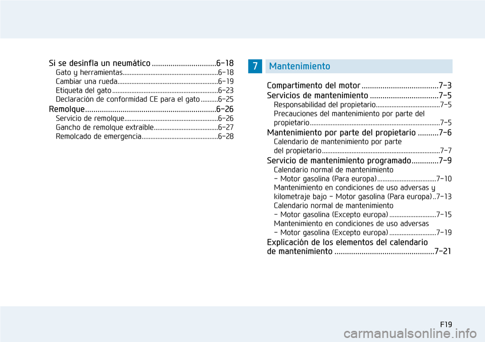 Hyundai Elantra 2017  Manual del propietario (in Spanish) F19
Si se desinfla un neumático ...............................6-18
Gato y herramientas.......................................................6-18
Cambiar una rueda...................................