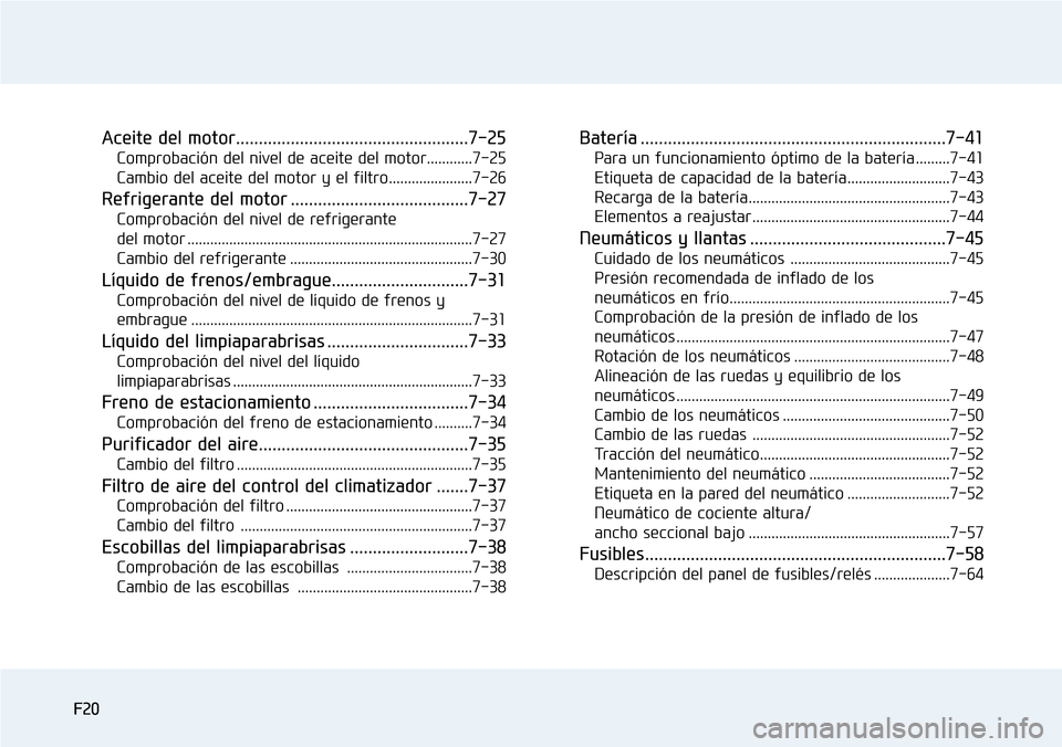 Hyundai Elantra 2017  Manual del propietario (in Spanish) F20 F20
Aceite del motor...................................................7-25
Comprobación del nivel de aceite del motor............7-25
Cambio del aceite del motor y el filtro.....................