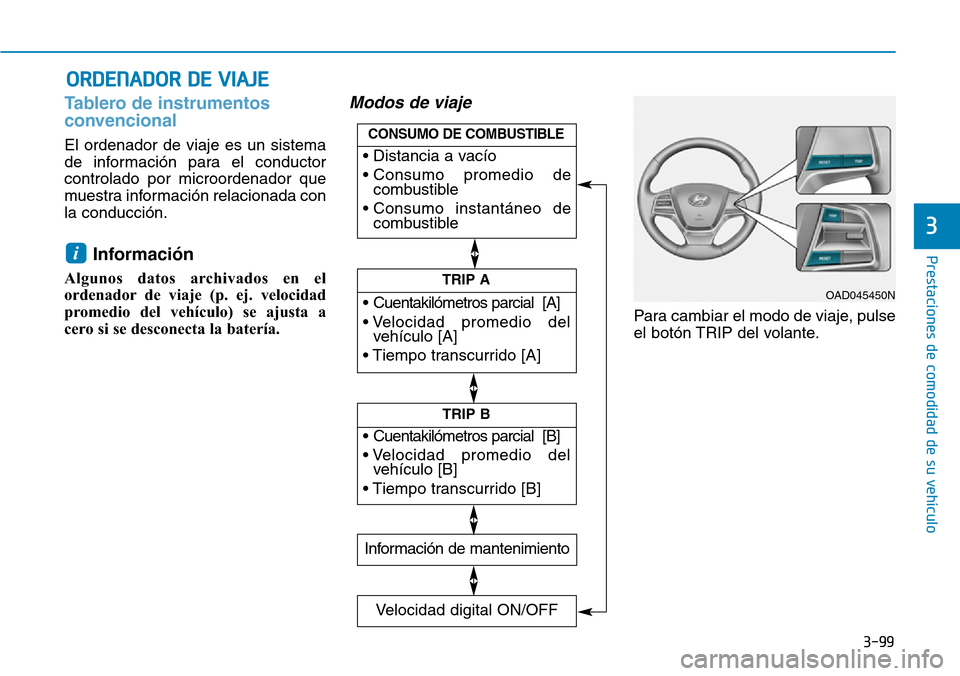 Hyundai Elantra 2017 Manual del propietario (in Spanish) 3-99
Prestaciones de comodidad de su vehículo
3
Tablero de instrumentos
convencional
El ordenador de viaje es un sistema
de información para el conductor
controlado por microordenador que
muestra i Hyundai Elantra 2017 Manual del propietario (in Spanish) 3-99
Prestaciones de comodidad de su vehículo
3
Tablero de instrumentos
convencional
El ordenador de viaje es un sistema
de información para el conductor
controlado por microordenador que
muestra i