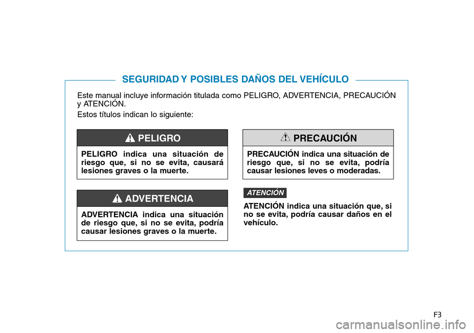 Hyundai Elantra 2017  Manual del propietario (in Spanish) F3
Este manual incluye información titulada como PELIGRO, ADVERTENCIA, PRECAUCIÓN
y ATENCIÓN.
Estos títulos indican lo siguiente:
SEGURIDAD Y POSIBLES DAÑOS DEL VEHÍCULO
PELIGRO indica una situa