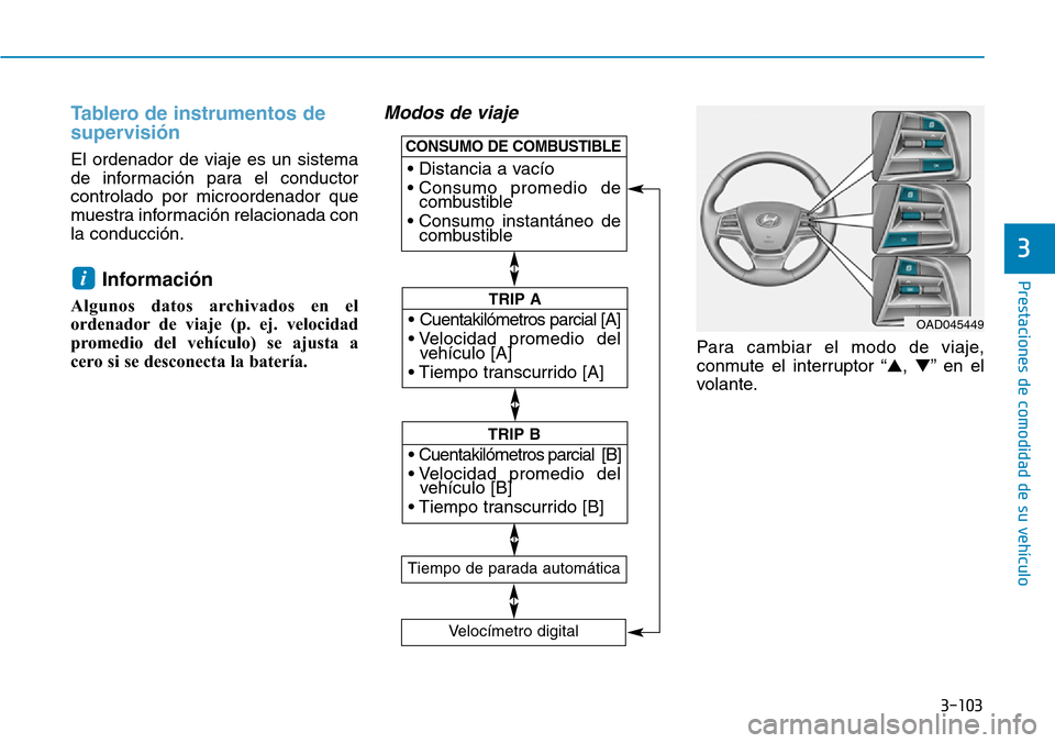 Hyundai Elantra 2017 Manual del propietario (in Spanish) 3-103
Prestaciones de comodidad de su vehículo
3
Tablero de instrumentos de
supervisión
El ordenador de viaje es un sistema
de información para el conductor
controlado por microordenador que
mues Hyundai Elantra 2017 Manual del propietario (in Spanish) 3-103
Prestaciones de comodidad de su vehículo
3
Tablero de instrumentos de
supervisión
El ordenador de viaje es un sistema
de información para el conductor
controlado por microordenador que
mues