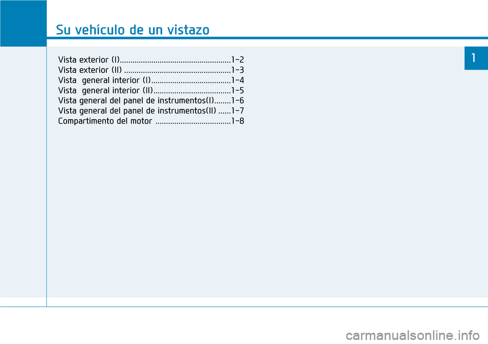 Hyundai Elantra 2017 Manual del propietario (in Spanish) Su vehículo de un vistazo
1
Su vehículo de un vistazo
1Vista exterior (I).....................................................1-2
Vista exterior (II) ................................................ Hyundai Elantra 2017 Manual del propietario (in Spanish) Su vehículo de un vistazo
1
Su vehículo de un vistazo
1Vista exterior (I).....................................................1-2
Vista exterior (II) ................................................
