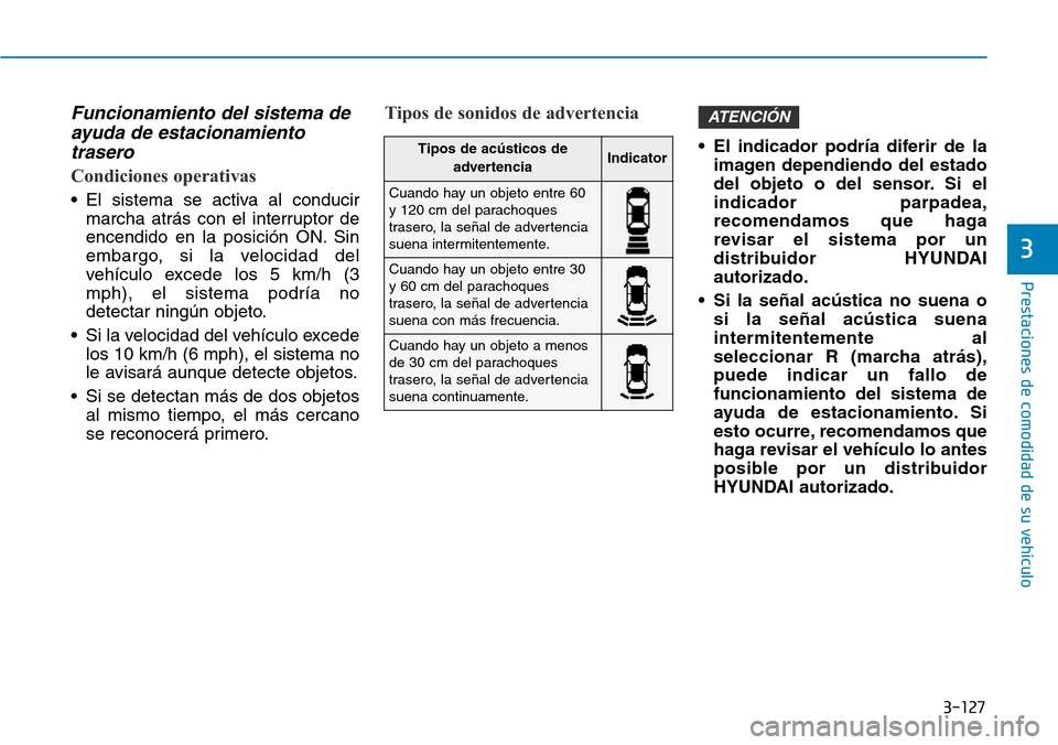 Hyundai Elantra 2017  Manual del propietario (in Spanish) 3-127
Prestaciones de comodidad de su vehículo 
3
Funcionamiento del sistema de
ayuda de estacionamiento
trasero
Condiciones operativas
•El sistema se activa al conducir
marcha atrás con el interr
