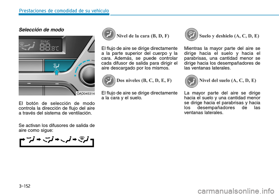 Hyundai Elantra 2017 Manual del propietario (in Spanish) 3-152
Prestaciones de comodidad de su vehículo
Selección de modo
El botón de selección de modo
controla la dirección de flujo del aire
a través del sistema de ventilación.
Se activan los difus Hyundai Elantra 2017 Manual del propietario (in Spanish) 3-152
Prestaciones de comodidad de su vehículo
Selección de modo
El botón de selección de modo
controla la dirección de flujo del aire
a través del sistema de ventilación.
Se activan los difus