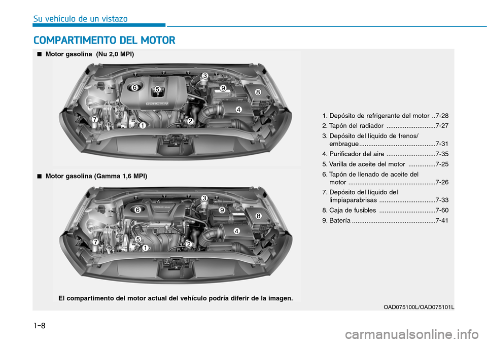Hyundai Elantra 2017  Manual del propietario (in Spanish) COMPARTIMENTO DEL MOTOR
1. Depósito de refrigerante del motor  ..7-28
2. Tapón del radiador  ...........................7-27
3. Depósito del líquido de frenos/
embrague ...........................
