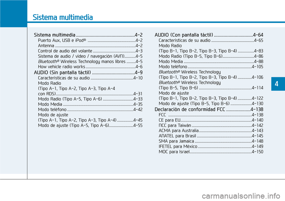 Hyundai Elantra 2017 Manual del propietario (in Spanish) Sistema multimedia
Sistema multimedia ................................................4-2
Puerto Aux, USB e iPod®...............................................4-2
Antenna ........................... Hyundai Elantra 2017 Manual del propietario (in Spanish) Sistema multimedia
Sistema multimedia ................................................4-2
Puerto Aux, USB e iPod®...............................................4-2
Antenna ...........................