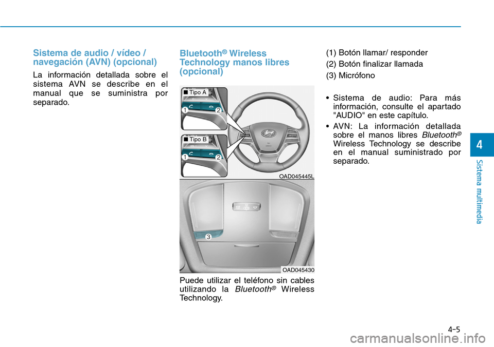 Hyundai Elantra 2017 Manual del propietario (in Spanish) Sistema de audio / vídeo /
navegación (AVN) (opcional)
La información detallada sobre el
sistema AVN se describe en el
manual que se suministra por
separado.
Bluetooth®Wireless
Technology manos li Hyundai Elantra 2017 Manual del propietario (in Spanish) Sistema de audio / vídeo /
navegación (AVN) (opcional)
La información detallada sobre el
sistema AVN se describe en el
manual que se suministra por
separado.
Bluetooth®Wireless
Technology manos li