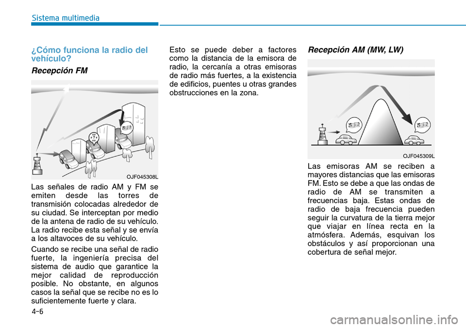 Hyundai Elantra 2017  Manual del propietario (in Spanish) 4-6
Sistema multimedia
¿Cómo funciona la radio del
vehículo?
Recepción FM
Las señales de radio AM y FM se
emiten desde las torres de
transmisión colocadas alrededor de
su ciudad. Se interceptan 