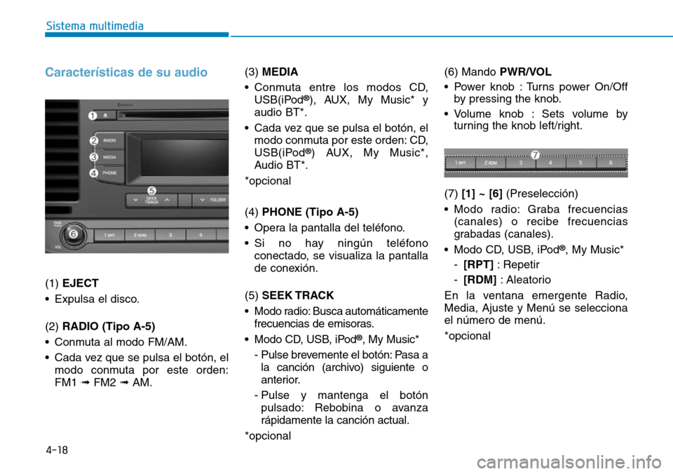 Hyundai Elantra 2017 Manual del propietario (in Spanish) 4-18
Sistema multimedia
Características de su audio
(1) EJECT
• Expulsa el disco.
(2) RADIO (Tipo A-5)
• Conmuta al modo FM/AM.
• Cada vez que se pulsa el botón, el
modo conmuta por este orde Hyundai Elantra 2017 Manual del propietario (in Spanish) 4-18
Sistema multimedia
Características de su audio
(1) EJECT
• Expulsa el disco.
(2) RADIO (Tipo A-5)
• Conmuta al modo FM/AM.
• Cada vez que se pulsa el botón, el
modo conmuta por este orde