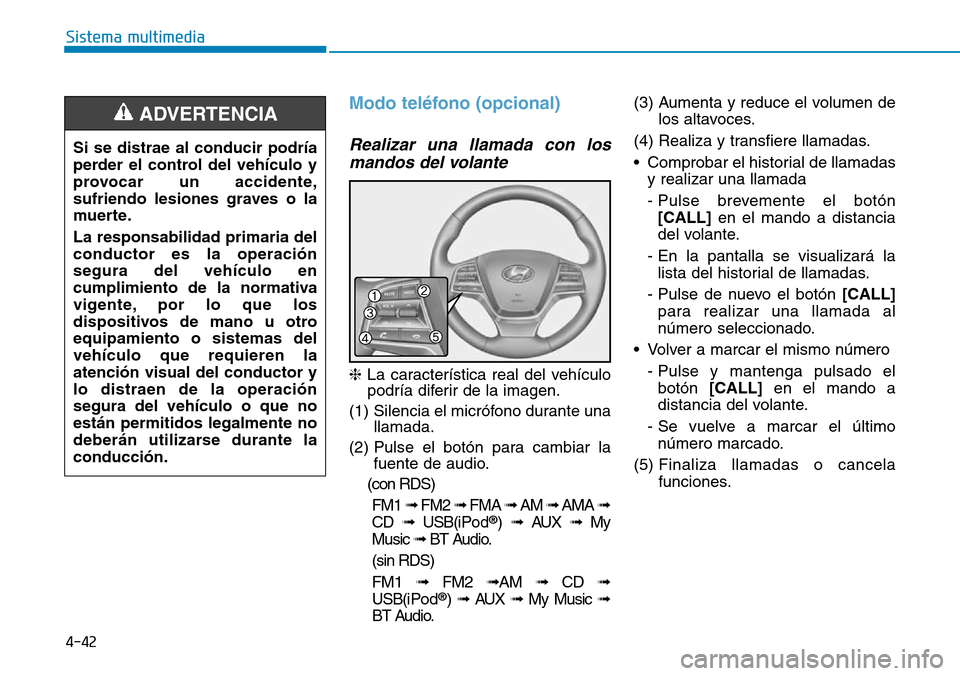 Hyundai Elantra 2017  Manual del propietario (in Spanish) 4-42
Sistema multimedia
Modo teléfono (opcional)
Realizar una llamada con los
mandos del volante
❈La característica real del vehículo
podría diferir de la imagen.
(1) Silencia el micrófono dura
