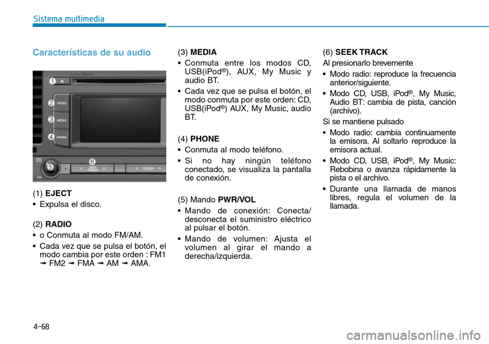 Hyundai Elantra 2017  Manual del propietario (in Spanish) 4-68
Sistema multimedia
Características de su audio
(1) EJECT
• Expulsa el disco.
(2) RADIO
• o Conmuta al modo FM/AM.
• Cada vez que se pulsa el botón, el
modo cambia por este orden : FM1
➟