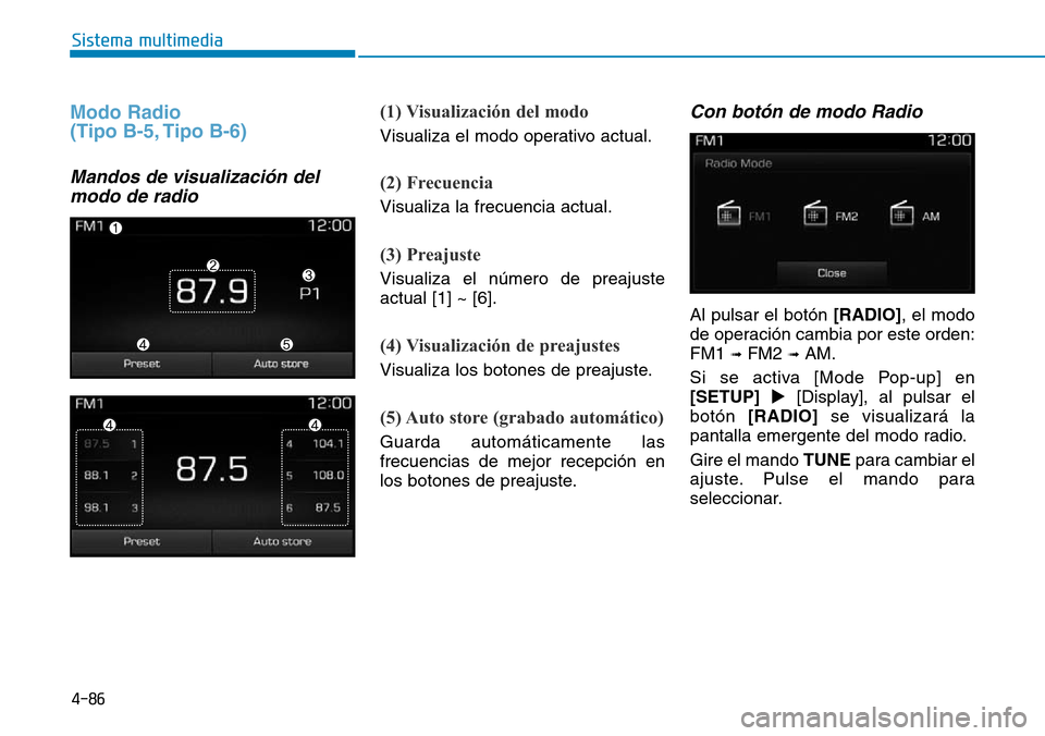 Hyundai Elantra 2017 Manual del propietario (in Spanish) 4-86
Sistema multimedia
Modo Radio
(Tipo B-5, Tipo B-6)
Mandos de visualización del
modo de radio
(1) Visualización del modo
Visualiza el modo operativo actual.
(2) Frecuencia
Visualiza la frecuenc Hyundai Elantra 2017 Manual del propietario (in Spanish) 4-86
Sistema multimedia
Modo Radio
(Tipo B-5, Tipo B-6)
Mandos de visualización del
modo de radio
(1) Visualización del modo
Visualiza el modo operativo actual.
(2) Frecuencia
Visualiza la frecuenc