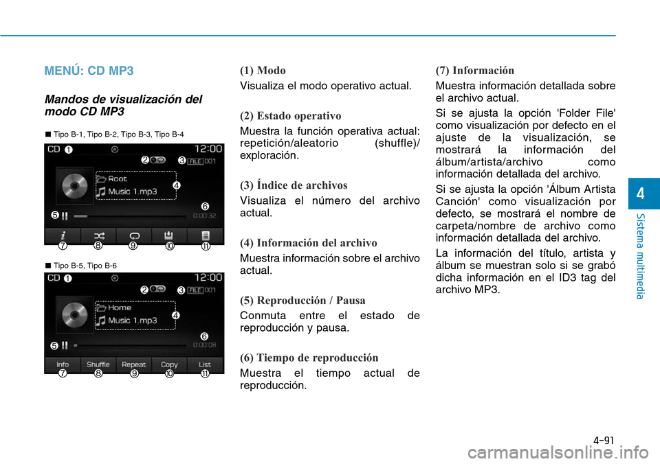 Hyundai Elantra 2017 Manual del propietario (in Spanish) 4-91
Sistema multimedia
4
MENÚ: CD MP3
Mandos de visualización del
modo CD MP3
(1) Modo
Visualiza el modo operativo actual.
(2) Estado operativo
Muestra la función operativa actual:
repetición/ale Hyundai Elantra 2017 Manual del propietario (in Spanish) 4-91
Sistema multimedia
4
MENÚ: CD MP3
Mandos de visualización del
modo CD MP3
(1) Modo
Visualiza el modo operativo actual.
(2) Estado operativo
Muestra la función operativa actual:
repetición/ale