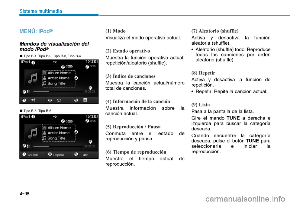 Hyundai Elantra 2017 Manual del propietario (in Spanish) 4-98
Sistema multimedia
MENÚ: iPod®
Mandos de visualización del
modo iPod®
(1) Modo
Visualiza el modo operativo actual.
(2) Estado operativo
Muestra la función operativa actual:
repetición/aleat Hyundai Elantra 2017 Manual del propietario (in Spanish) 4-98
Sistema multimedia
MENÚ: iPod®
Mandos de visualización del
modo iPod®
(1) Modo
Visualiza el modo operativo actual.
(2) Estado operativo
Muestra la función operativa actual:
repetición/aleat