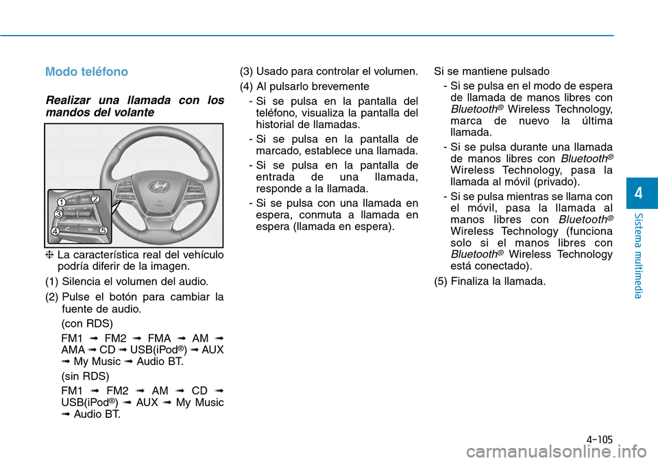 Hyundai Elantra 2017  Manual del propietario (in Spanish) 4-105
Sistema multimedia
4
Modo teléfono
Realizar una llamada con los
mandos del volante
❈La característica real del vehículo
podría diferir de la imagen.
(1) Silencia el volumen del audio.
(2) 