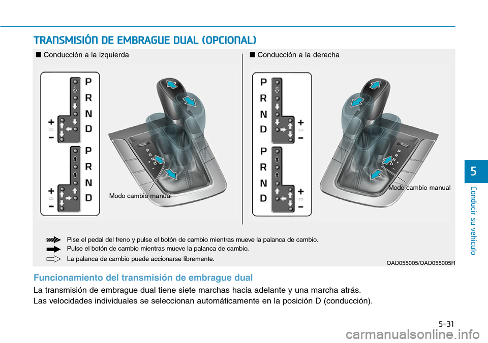 Hyundai Elantra 2017 Manual del propietario (in Spanish) 5-31
Conducir su vehículo
5
TRANSMISIÓN DE EMBRAGUE DUAL (OPCIONAL)
Funcionamiento del transmisión de embrague dual
La transmisión de embrague dual tiene siete marchas hacia adelante y una marcha Hyundai Elantra 2017 Manual del propietario (in Spanish) 5-31
Conducir su vehículo
5
TRANSMISIÓN DE EMBRAGUE DUAL (OPCIONAL)
Funcionamiento del transmisión de embrague dual
La transmisión de embrague dual tiene siete marchas hacia adelante y una marcha