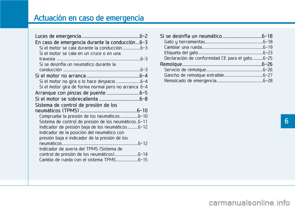 Hyundai Elantra 2017 Manual del propietario (in Spanish) Actuación en caso de emergencia
Luces de emergencia .................................................6-2
En caso de emergencia durante la conducción ...6-3
Si el motor se cala durante la conducció Hyundai Elantra 2017 Manual del propietario (in Spanish) Actuación en caso de emergencia
Luces de emergencia .................................................6-2
En caso de emergencia durante la conducción ...6-3
Si el motor se cala durante la conducció