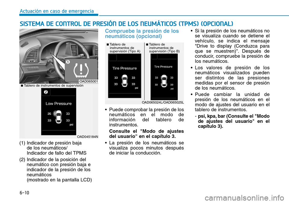 Hyundai Elantra 2017 Manual del propietario (in Spanish) 6-10
(1) Indicador de presión baja
de los neumáticos/
Indicador de fallo del TPMS
(2) Indicador de la posición del
neumático con presión baja e
indicador de la presión de los
neumáticos
(mostr Hyundai Elantra 2017 Manual del propietario (in Spanish) 6-10
(1) Indicador de presión baja
de los neumáticos/
Indicador de fallo del TPMS
(2) Indicador de la posición del
neumático con presión baja e
indicador de la presión de los
neumáticos
(mostr