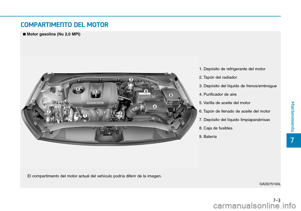 Hyundai Elantra 2017  Manual del propietario (in Spanish) 7-3
7
Mantenimiento
COMPARTIMENTO DEL MOTOR 
1. Depósito de refrigerante del motor 
2. Tapón del radiador 
3. Depósito del líquido de frenos/embrague
4. Purificador de aire 
5. Varilla de aceite d