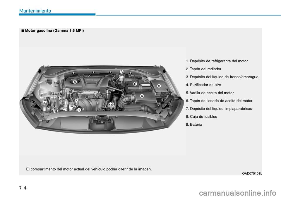 Hyundai Elantra 2017  Manual del propietario (in Spanish) 7-4
Mantenimiento
1. Depósito de refrigerante del motor 
2. Tapón del radiador 
3. Depósito del líquido de frenos/embrague
4. Purificador de aire 
5. Varilla de aceite del motor 
6. Tapón de llen