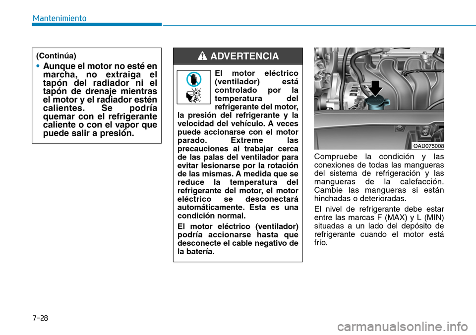 Hyundai Elantra 2017  Manual del propietario (in Spanish) 7-28
Mantenimiento
Compruebe la condición y las
conexiones de todas las mangueras
del sistema de refrigeración y las
mangueras de la calefacción.
Cambie las mangueras si están
hinchadas o deterior