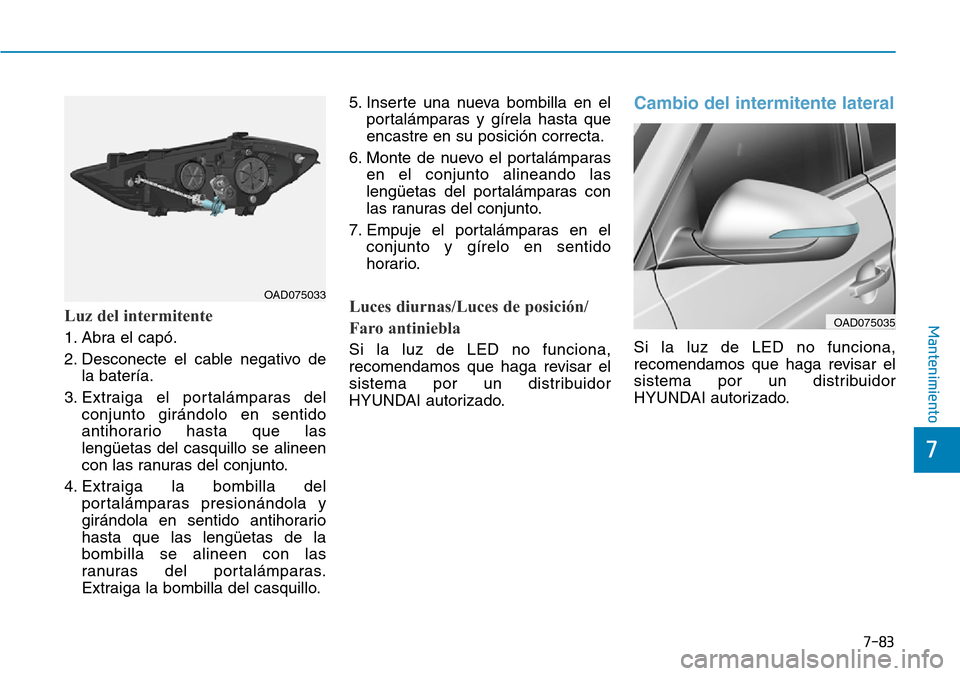 Hyundai Elantra 2017 Manual del propietario (in Spanish) 7-83
7
MantenimientoLuz del intermitente
1. Abra el capó.
2. Desconecte el cable negativo de
la batería.
3. Extraiga el portalámparas del
conjunto girándolo en sentido
antihorario hasta que las
le Hyundai Elantra 2017 Manual del propietario (in Spanish) 7-83
7
MantenimientoLuz del intermitente
1. Abra el capó.
2. Desconecte el cable negativo de
la batería.
3. Extraiga el portalámparas del
conjunto girándolo en sentido
antihorario hasta que las
le