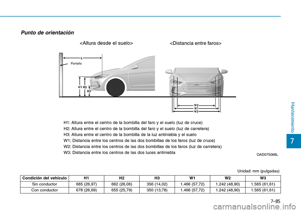 Hyundai Elantra 2017 Manual del propietario (in Spanish) 7-85
7
Mantenimiento
Unidad: mm (pulgadas)
Punto de orientación
OAD075068L
H1: Altura entre el centro de la bombilla del faro y el suelo (luz de cruce)
H2: Altura entre el centro de la bombilla del Hyundai Elantra 2017 Manual del propietario (in Spanish) 7-85
7
Mantenimiento
Unidad: mm (pulgadas)
Punto de orientación
OAD075068L
H1: Altura entre el centro de la bombilla del faro y el suelo (luz de cruce)
H2: Altura entre el centro de la bombilla del