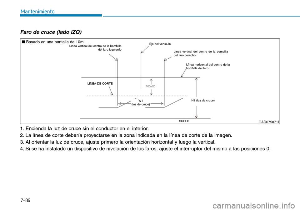 Hyundai Elantra 2017 Manual del propietario (in Spanish) 7-86
Mantenimiento
Faro de cruce (lado IZQ)
1. Encienda la luz de cruce sin el conductor en el interior.
2. La línea de corte debería proyectarse en la zona indicada en la línea de corte de la ima Hyundai Elantra 2017 Manual del propietario (in Spanish) 7-86
Mantenimiento
Faro de cruce (lado IZQ)
1. Encienda la luz de cruce sin el conductor en el interior.
2. La línea de corte debería proyectarse en la zona indicada en la línea de corte de la ima