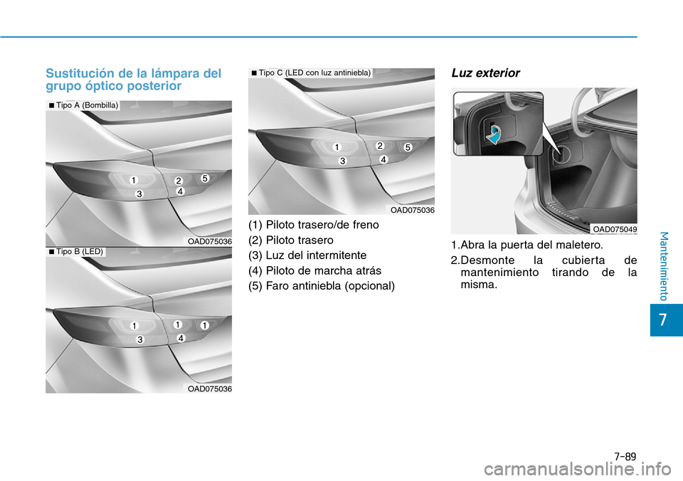 Hyundai Elantra 2017 Manual del propietario (in Spanish) 7-89
7
Mantenimiento
Sustitución de la lámpara del
grupo óptico posterior
(1) Piloto trasero/de freno
(2) Piloto trasero
(3) Luz del intermitente
(4) Piloto de marcha atrás
(5) Faro antiniebla (op Hyundai Elantra 2017 Manual del propietario (in Spanish) 7-89
7
Mantenimiento
Sustitución de la lámpara del
grupo óptico posterior
(1) Piloto trasero/de freno
(2) Piloto trasero
(3) Luz del intermitente
(4) Piloto de marcha atrás
(5) Faro antiniebla (op