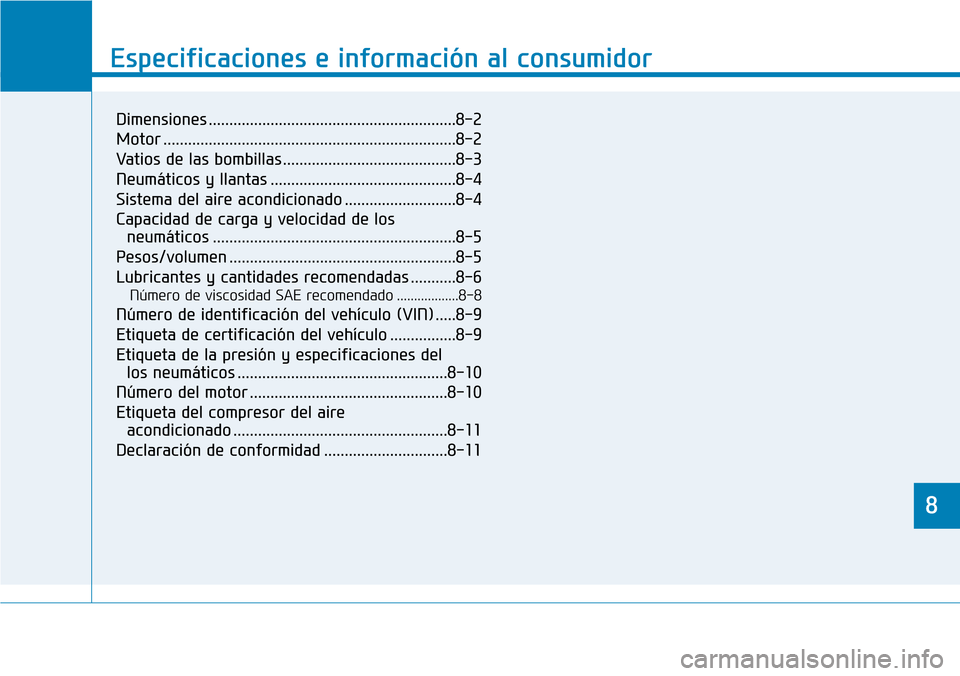 Hyundai Elantra 2017 Manual del propietario (in Spanish) 8
Especificaciones e información al consumidor
8
Especificaciones e información al consumidor
8
Dimensiones ............................................................8-2
Motor .................... Hyundai Elantra 2017 Manual del propietario (in Spanish) 8
Especificaciones e información al consumidor
8
Especificaciones e información al consumidor
8
Dimensiones ............................................................8-2
Motor ....................