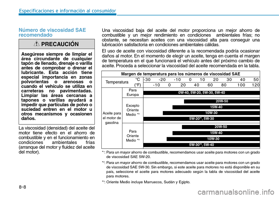 Hyundai Elantra 2017  Manual del propietario (in Spanish) 8-8
Especificaciones e información al consumidor
Número de viscosidad SAE
recomendado
La viscosidad (densidad) del aceite del
motor tiene efecto en el ahorro de
combustible y en el funcionamiento en