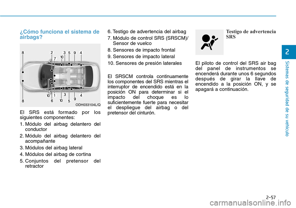 Hyundai Elantra 2017  Manual del propietario (in Spanish) 2-57
Sistemas de seguridad de su vehículo 
2
¿Cómo funciona el sistema de
airbags? 
El SRS está formado por los
siguientes componentes:
1. Módulo del airbag delantero del
conductor 
2. Módulo de