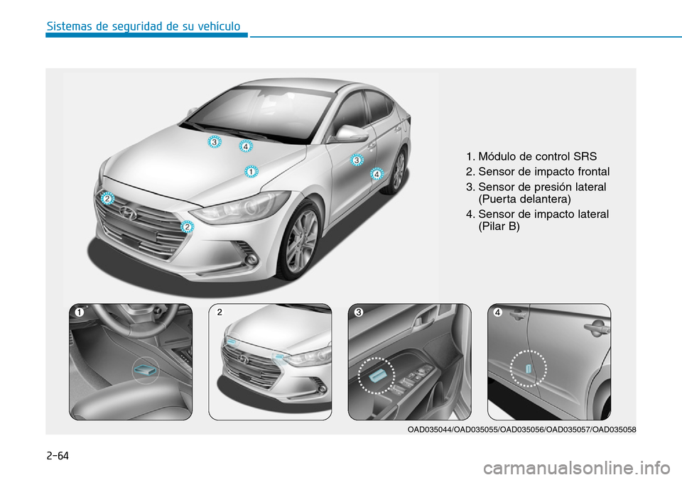 Hyundai Elantra 2017 Manual del propietario (in Spanish) 2-64
Sistemas de seguridad de su vehículo
1. Módulo de control SRS
2. Sensor de impacto frontal
3. Sensor de presión lateral
(Puerta delantera)
4. Sensor de impacto lateral
(Pilar B)
OAD035044/ Hyundai Elantra 2017 Manual del propietario (in Spanish) 2-64
Sistemas de seguridad de su vehículo
1. Módulo de control SRS
2. Sensor de impacto frontal
3. Sensor de presión lateral
(Puerta delantera)
4. Sensor de impacto lateral
(Pilar B)
OAD035044/