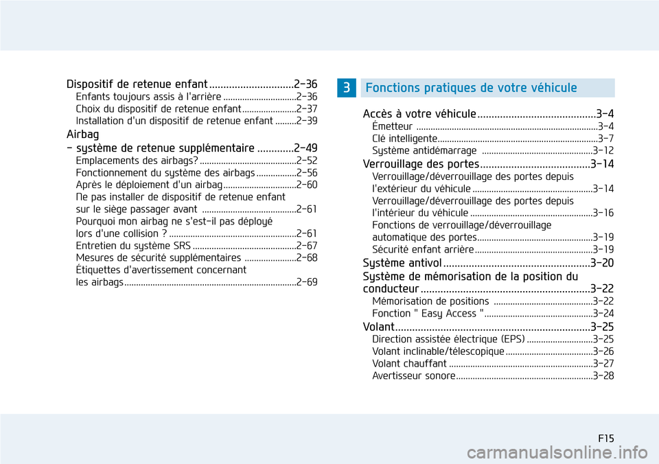 Hyundai Elantra 2017  Manuel du propriétaire (in French) F15F15
Dispositif de retenue enfant ..............................2-36
Enfants toujours assis à larrière ...............................2-36
Choix du dispositif de retenue enfant ..................