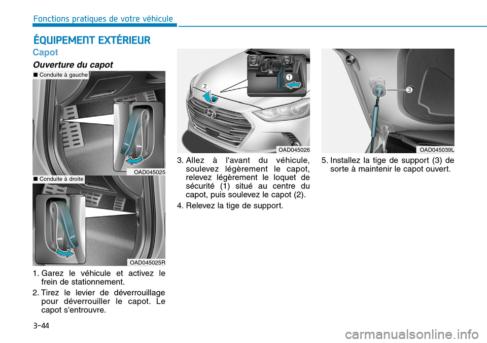 Hyundai Elantra 2017 Manuel du propriétaire (in French) 3-44
Fonctions pratiques de votre véhicule
Capot
Ouverture du capot
1. Garez le véhicule et activez le
frein de stationnement.
2. Tirez le levier de déverrouillage
pour déverrouiller Hyundai Elantra 2017 Manuel du propriétaire (in French) 3-44
Fonctions pratiques de votre véhicule
Capot
Ouverture du capot
1. Garez le véhicule et activez le
frein de stationnement.
2. Tirez le levier de déverrouillage
pour déverrouiller